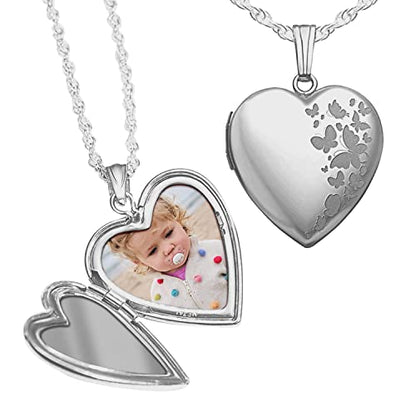 PicturesOnGold.com Personalized Heart Shaped Butterflies Photo Locket Necklace - 3/4 inch x 3/4 inch - Includes 18 inch Chain - Custom Engraved Picture Locket Necklace for Women - style: Silver - Locket + Engraving