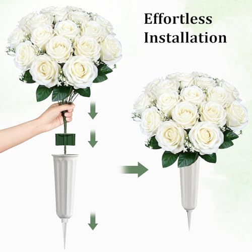 Lewondr Artificial Cemetery Flowers with Vase for Grave, White Rose, 2 Pack - color: White