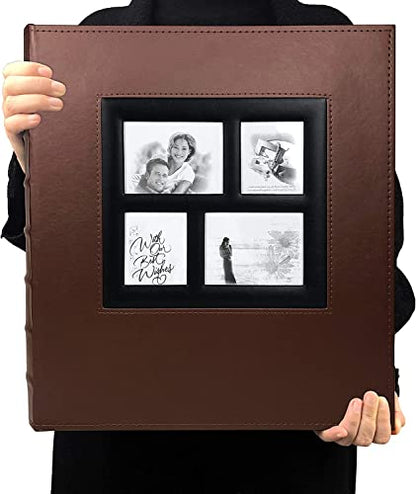 RECUTMS Self Adhesive Photo Album Leather Large Scrapbook 60 Pages (Brown) | Magnetic Self-Stick Double Sided White Inner Page, DIY Albums for All Size Pictures, Cover Window, Travel Family Wedding Book - color: Brown, size: 13.3''X13.4'' 60Pages-White Pa