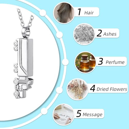 18 Wheeler Semi Truck Urn Necklace for Ashes Stainless Steel Cremation Memorial Pendant Trucker Keepsake Gift for Men Women - color: Silver