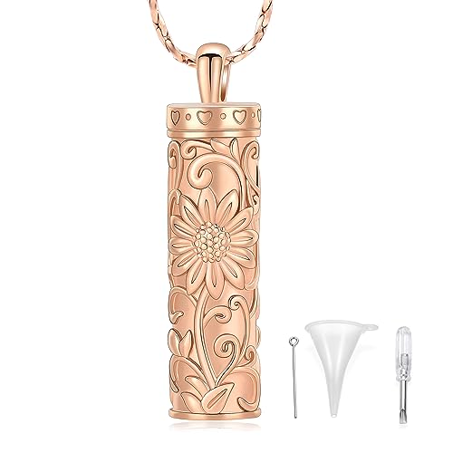 Sunflower Urn Necklace for Ashes Cylinder Bar Necklace for Ashes for Women Pendant Keepsake for Ashes Memory Cremation Jewelry Sunflower Celtic Necklace Jewelry for Women - color: Rose gold