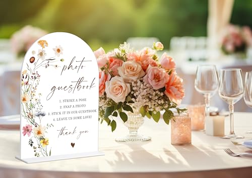 Photo Guest Book Sign, Wedding Guest Book Alternative, Flower Style Bridal Shower Signs for Engagement, Bridal Shower and Reception, Wedding Shower Favors, 6X8 Inch Acrylic Arch Sign with Stand,12 - color: Photo Guest,12
