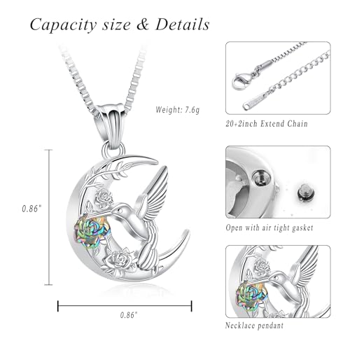 XSMZB Hummingbird Urn Necklace for Ashes of Loved One Rose Flower Moon Cremation Jewelry Ashes Holder Keepsake Pendant for Women Men - color: Silver-Colorful