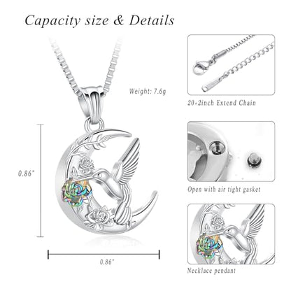 XSMZB Hummingbird Urn Necklace for Ashes of Loved One Rose Flower Moon Cremation Jewelry Ashes Holder Keepsake Pendant for Women Men - color: Silver-Colorful