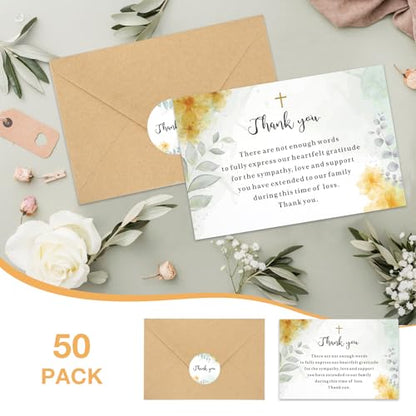 50 Set Funeral Thank You Cards with Envelopes and Matching Seal Stickers,Thank You Sympathy Cards with Message,Bereavement Sympathy for Funeral Family Friends Loved Ones（flowers） - style: Flower