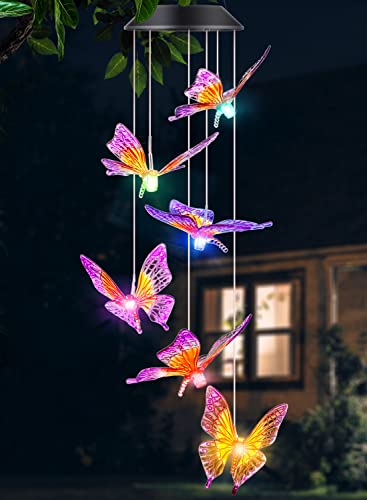 DesGully Butterfly Wind Chimes, Solar Wind Chimes/Wind Chimes for Outside Color Changing (Gifts for mom/Gift for Grandmom/Gift for Women) Thanksgiving Gift Butterfly Gift - color: Purple Butterfly (No Tube)
