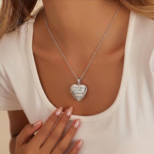 PHOCKSIN Personalized Locket Necklace for Women Photo Necklace with Customized Picture Birth Flower Birthstone Customizable Birthday Gifts - color: #17 Heart Silver Moon&back