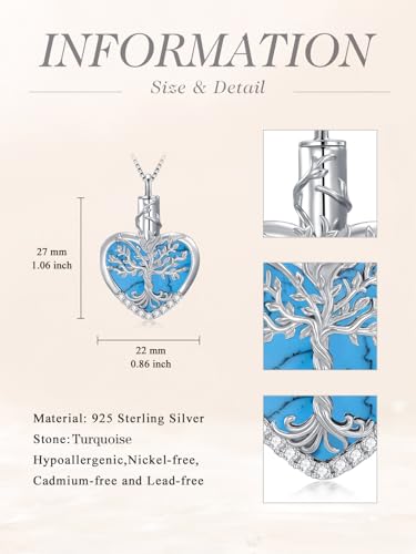 WINNICACA Urn Necklaces for Ashes 925 Sterling Silver Tree of Life Heart Cremation Jewelry for Ashes Jewelry Gifts for Human Ashes Keepsake Memorial Jewelry for Women Men - style: 4-Turquoise Tree of Life Urn