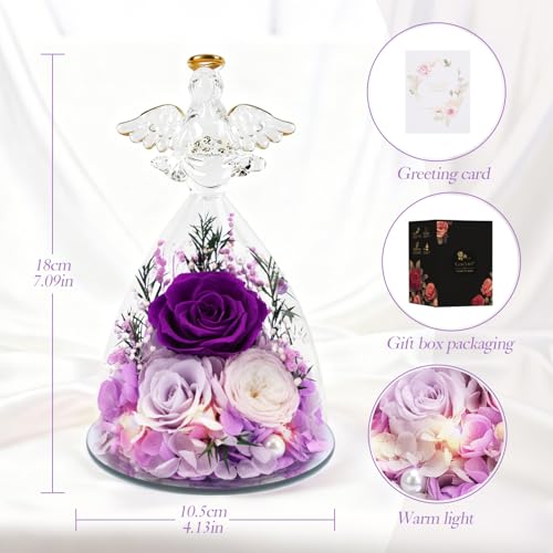 Casaido Mothers Day Rose Gifts for Women, 7" Purple Preserved Roses Flowers in Glass Angel Figurine, Birthday Gift for Mom Wife Grandma, Eternal Rose for Valentines Christmas Anniversary - color: Purple