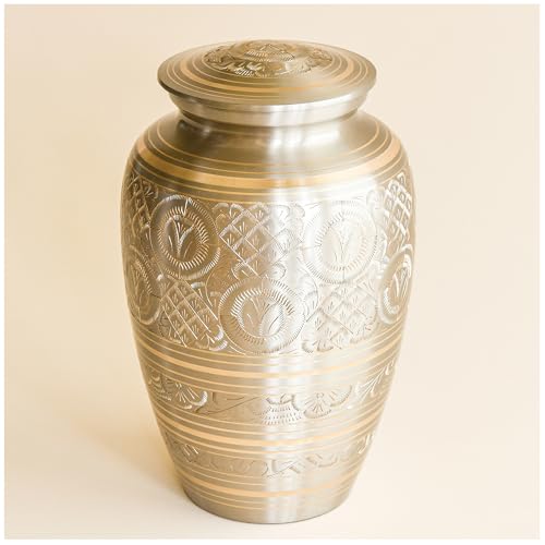 AspenStudio Platinum Brass Cremation Urn for Adult Human Ashes - Large Handcrafted Funeral Memorial Urns Brass Urn Capacity 225 lbs