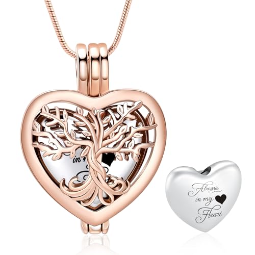 Cremation Jewelry Tree of Life Heart Urn Necklace for Human Ashes for Women Men Always in My Heart Memorial Ashes Keepsake Pendant - color: Rose Gold-Silver