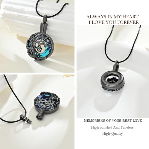 zeqingjw Pet Cremation Jewelry Tree of Life Urn Necklace for Ashes for Dog/Cat Funeral Ashes Keepsake Paw Print Urn Pendant Memorial Jewellery - color: Black-Blue
