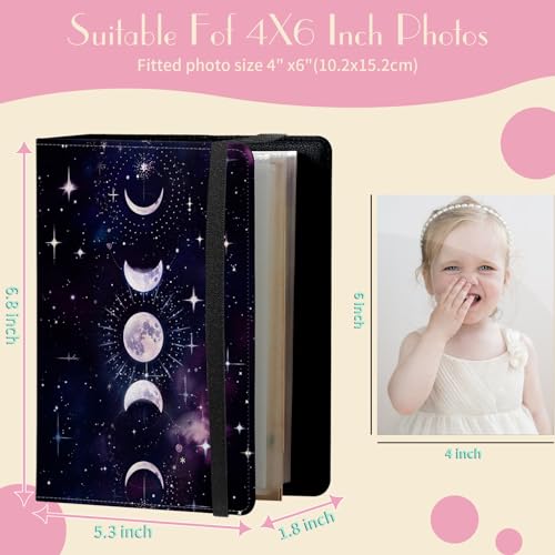 Photo Album 4x6 Photos - 60 Photos Capacity PU Leather Cover Photo Album with Strong Elastic Band, Portable Picture Album for Family Wedding Wedding Anniversary, Moon Sun Stars - color: Moon Sun Stars