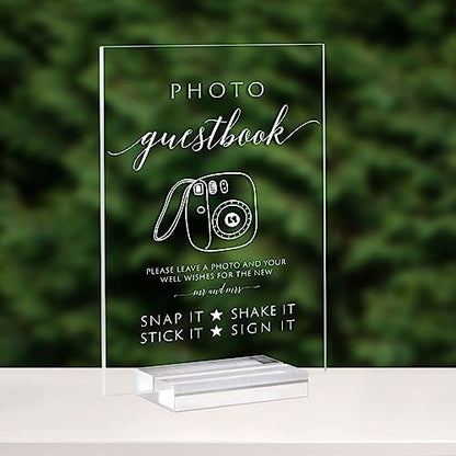Acrylic Photo Guestbook Signs with Stand- 5x 7 Inch Glass Look Clear Acrylic Wedding Reception Sign Modern Font Sign with Holder for Wedding Reception & Party Event - size: 5" x 7" Photo Guest Book Sign