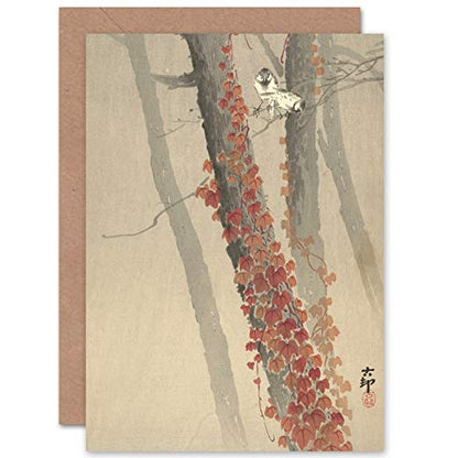Artery8 Ohara Koson Red Ivy Japanese Painting Fine Art Greeting Card Plus Envelope Blank Inside - color: Red Ivy
