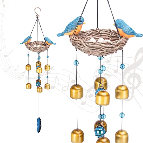 Taman Bird Wind Chimes, Metal Bells Windchimes Outdoor Garden Gifts | 27.5 Inch Blue Bird Wind Chimes for Outside, 9 Bronze Bells, Soothing Sounds, Bird Garden Decor, Gifts for Women - size: Nest
