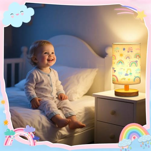 WSYEAR Rainbow Kids Table Lamp for Bedroom Kids Bedside Lamp with Linen Wooden Nightstand Cartoon Nursery Lampshade for Girls Boys Living Room - color: Rainbow