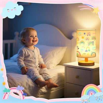 WSYEAR Rainbow Kids Table Lamp for Bedroom Kids Bedside Lamp with Linen Wooden Nightstand Cartoon Nursery Lampshade for Girls Boys Living Room - color: Rainbow