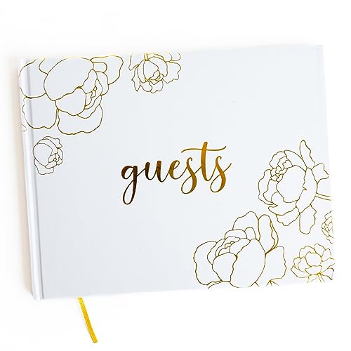 GSM Brands Wedding Guest Book, Simple Flower Bloom Line Art, 9 x 7 60 Lined Guestbook Pages, Elegant Gold Foil Embossed Design with Gold Page Edges
