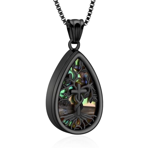 XSMZB Tree of Life Teardrop Cremation Jewelry for Human Pet Ashes Cross Urn Necklace for Ashes of Loved One Keepsake Pendant - color: Black