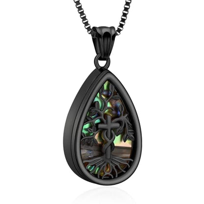 XSMZB Tree of Life Teardrop Cremation Jewelry for Human Pet Ashes Cross Urn Necklace for Ashes of Loved One Keepsake Pendant - color: Black