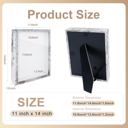 2 Pack Shadow Box Frame 11"x 14" Wood Deep Shadow Boxes Display Cases, Dried Flowers, Photos, Handicrafts Picture Frames for Wall Hanging Tabletop (Distressed White, 11"x 14") - color: Distressed White, size: 11"x 14"