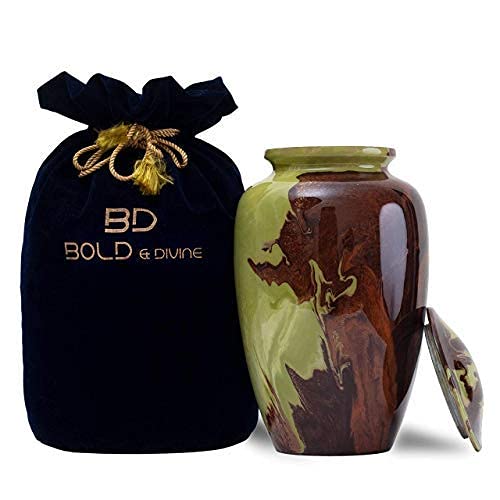 BOLD & DIVINE Beautiful Hand-Painted Adult Cremation Urn | 200 Cubic Inches | Urn Vase with Velvet Pouch - color: Green and Brown