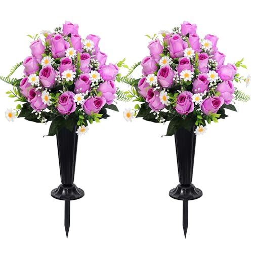 Wocst Cemetery Decorations for Grave Cemetery Silk Flowers with Vases for Outdoor Grave Decoration(Purple) - color: Purple, size: 2 Bouquet