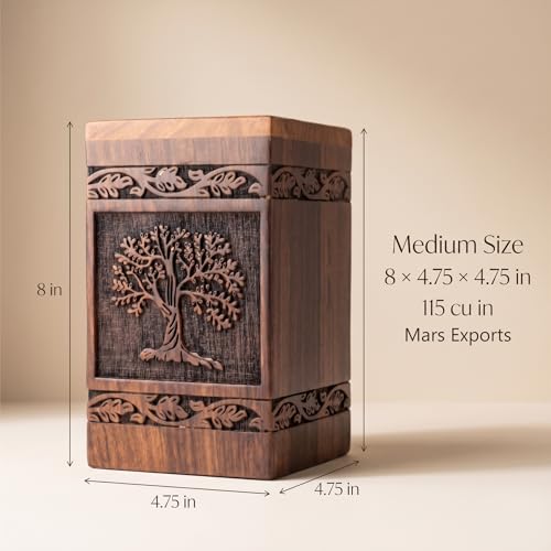 Wooden Cremation Urns Box for Human Ashes, Memorial Keepsake Boxes for Adults, Male/Female,Child, Pets Dog Cat Wood Burial Funeral Container (Tree of Life) Urn, Capacity (Medium (115 lbs- 55 kg) - size: Medium