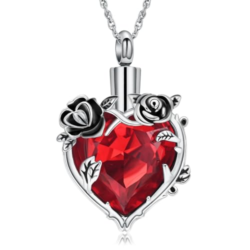 shajwo Cremation Jewelry Rose Flower Heart Urn Necklaces for Ashes for Women Memorial Human Ashes Pendant - color: Red
