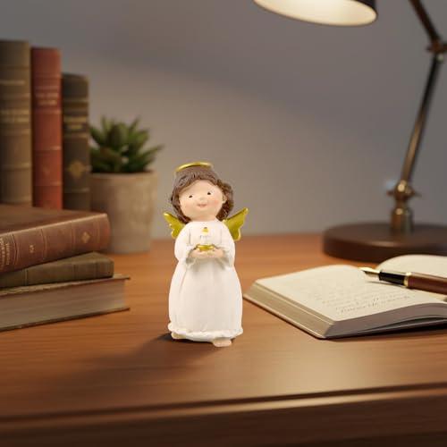 Angel Figurine Holding Candle Plate, Guardian Angel Decor, 4.92 Inch | Hand-painted resin angel with candle detail for shelves and desks; a comforting gift for women, sympathy and remembrance