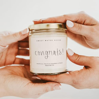 Sweet Water Decor, Congrats! Candle - New Job, Engagement, Graduation Gift - Tropical Fruits and Sugared Citrus Island Scented Soy Wax Candle - 9oz Clear Jar, 40 Hour Burn Time, Made in the USA - style: Congrats