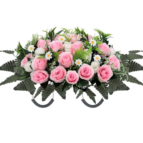 Artificial Cemetery Flowers Set Headstone Flower Saddle Memorial Grave Roses for Outdoor Grave Decor UV Resistant - color: Pink