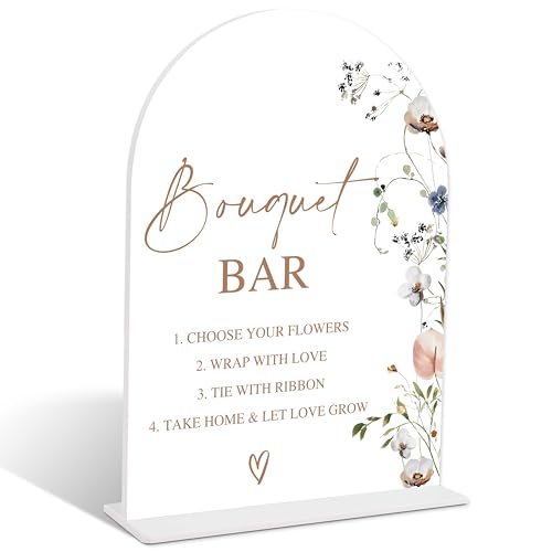 Boho Floral Bouquet Bar Sign, Arch Acrylic Sign with Stand, Wedding Signage for Reception, Bridal Shower Table Decor, Engagement Party Decorations, Wedding Must Haves for Reception, 6x8 Inches, 05 - color: Bouquet Bar Sign, 05