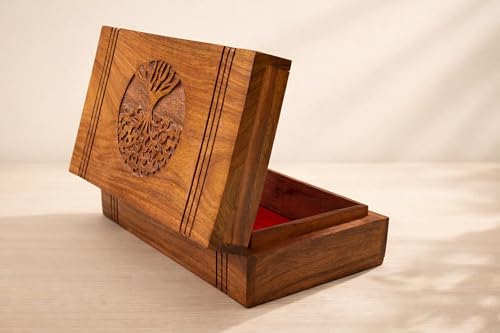 India House-Tree of Life Wooden Box Keepsake Storage Multi Utility Hand Carved| Multipurpose Box| Jewelry Box (8x5 Tree of life (with velvet)) - color: Design 15