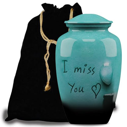 Forever URNS Adult Cremation Funeral Urn with Printed I Miss You Theme for Human Ashes of Female & Male | 200 cu in | Large | Sea Green | Completely Handcrafted with Velvet Protection Bag