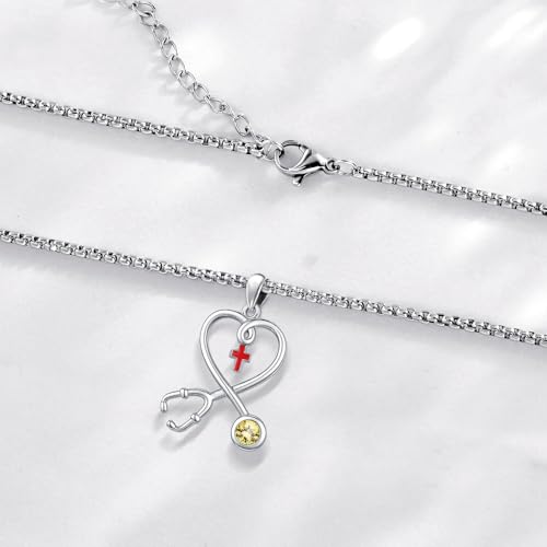 Angel Wings Necklace 925 Sterling Silver Guardian Angel Nurse RN Caduceus Pendant Charm Crystal Angel Jewelry Gifts for Women - style: H-Stethoscope-11-Nov.-Citrine