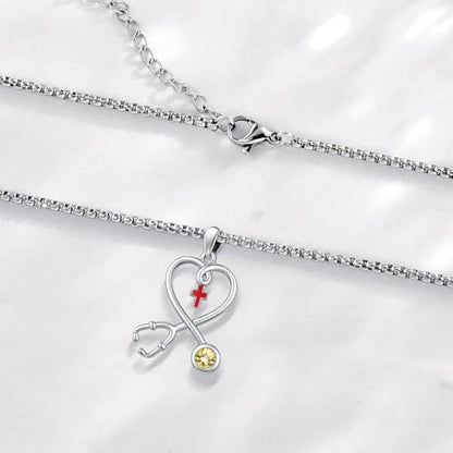 Angel Wings Necklace 925 Sterling Silver Guardian Angel Nurse RN Caduceus Pendant Charm Crystal Angel Jewelry Gifts for Women - style: H-Stethoscope-11-Nov.-Citrine