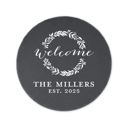 Weddingstar Personalized 9 ⅞" Round Black Slate Garden Stone - Welcome Wreath - color: Welcome Wreath