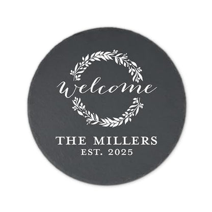 Weddingstar Personalized 9 ⅞" Round Black Slate Garden Stone - Welcome Wreath - color: Welcome Wreath