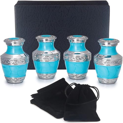 BOLD & DIVINE Small Heavenly Peace Pearl Mint Keepsake Urns |for Human Ashes | Handcrafted | 3" Tall Mini Urn Set of 4 with Individual Velvet Bags (Turquoise) - size: Heavenly Peace Silver & Mint Mini Urns Set of 4