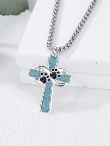 Turquoise Cross Urn Necklaces for Human Ashes 925 Sterling Silver Urn Necklaces Cremation Keepsake Memorial Pendant Necklace for Ashes for Loved One Human Pet - style: Paw Print&Black-Text&photo
