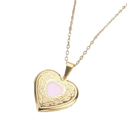Locket Picture Pendant Heart Necklace,Retro Carved Flower Relief Pattern Oval Center Necklace Souvenir Memorial Clavicle Jewelry for Women - color: pink