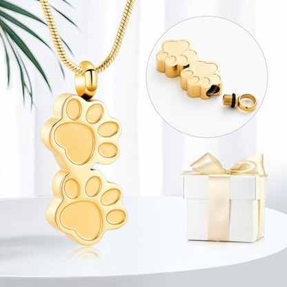 Pet Urns For Dogs/Cats - Pet Ashes Necklace - Paw Print Urn Necklace with Mini Keepsake Urn Memorial Ash Jewelry - color: Gold