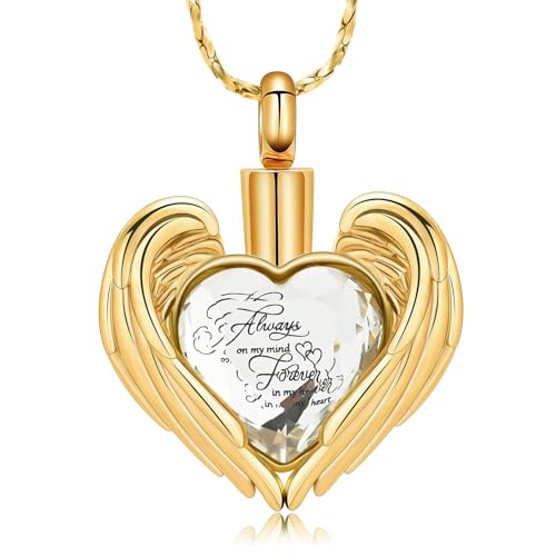 constantlife Crystal Heart Shape Cremation Jewelry Memorial Urn Necklace for Ashes, Stainless Steel Ash Holder Pendant Keepsake with Gift Box Charms Accessories for Women - color: Y-Gold+White