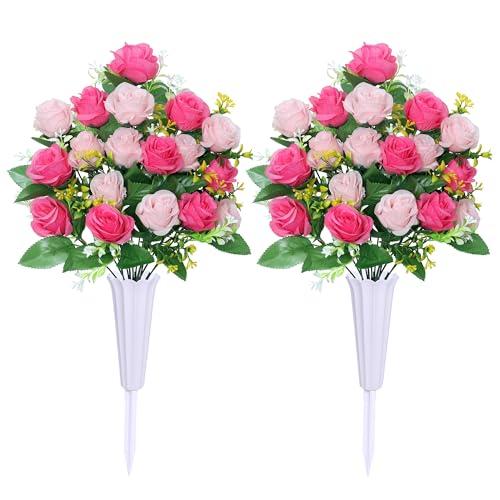 Artificial Cemetery Flowers,Set of 2 Grave Memorial Flowers with Vase, Outdoor Grave Decorations Roses,Silk Flowers for Cemetery Headstones Decoration (Pink)