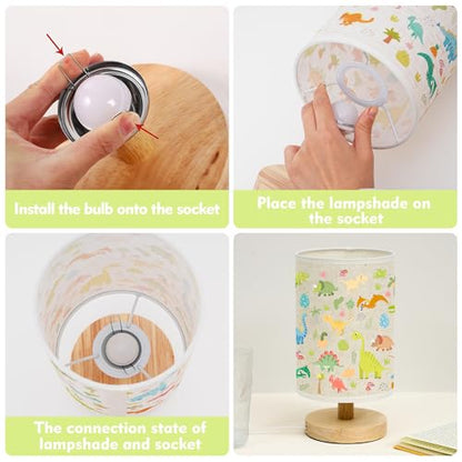 WSYEAR Bedside Table Lamp for Bedroom with Dinosaur Pattern Printed Shade 3-Way Dimmable Small Lamp with Wood Base for Living Room, Desk, Dorm, Home Office - color: Dinosaur Pattern