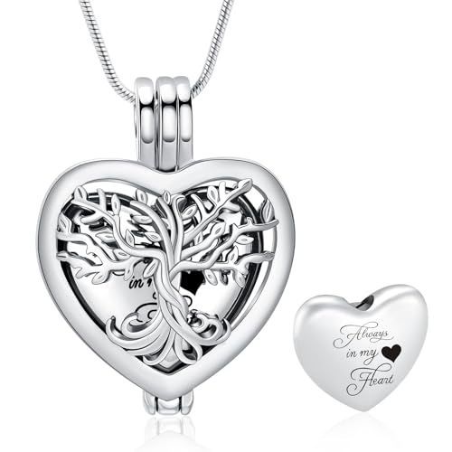 Cremation Jewelry Tree of Life Heart Urn Necklace for Human Ashes for Women Men Always in My Heart Memorial Ashes Keepsake Pendant - color: Silver