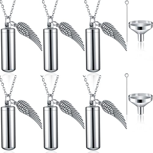 MTLEE 6 Pcs Urn Necklace for Ashes Cremation Jewelry Set | Urn Jewelry Necklace with Wing Steel Cremation Keepsake Memorial Jewelry Angel Cylinder Pendant for Loved One or Pet Ashes - color: Silver