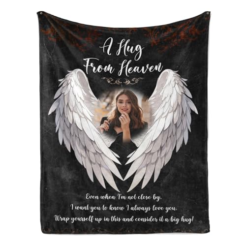 D-Story A Hug from Heaven Custom Memorial Blanket with Photos for Loss of Loved One, in Loving Memory Gifts Personalized Sympathy Blanket for Loss of Daughter Son Wife Husband - color: Hug Heaven Black